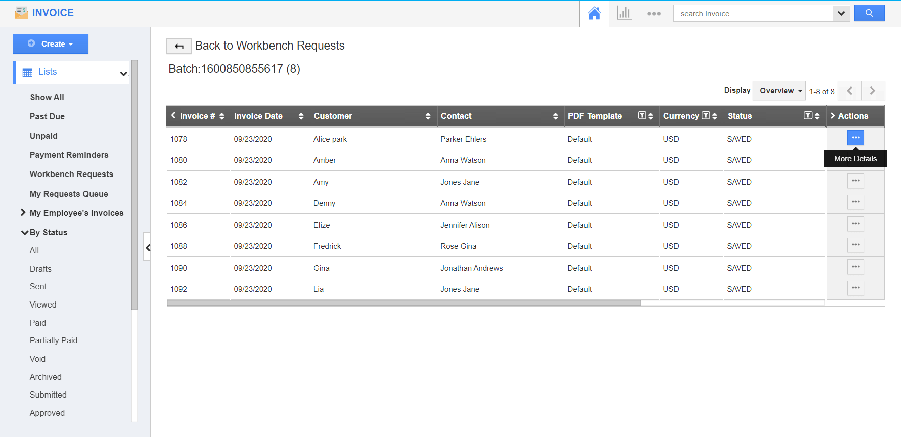 How to view the workbench request list in Invoices?