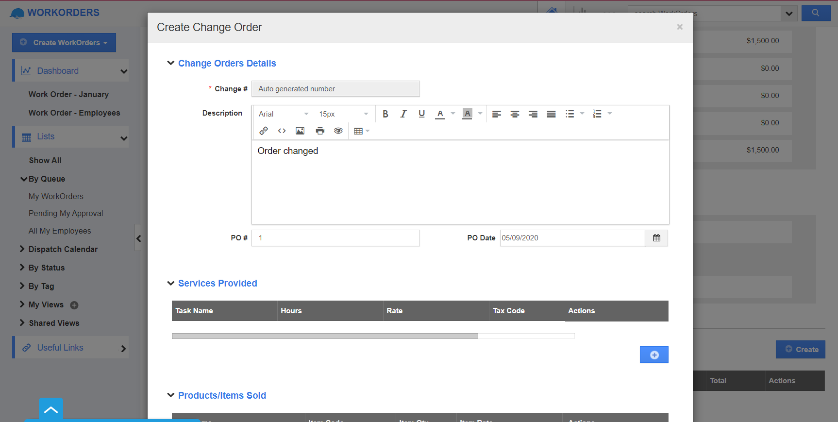 CreateWindow.png Change Order Window
