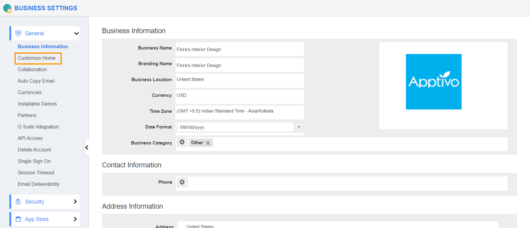 How do I customize home from Business settings?