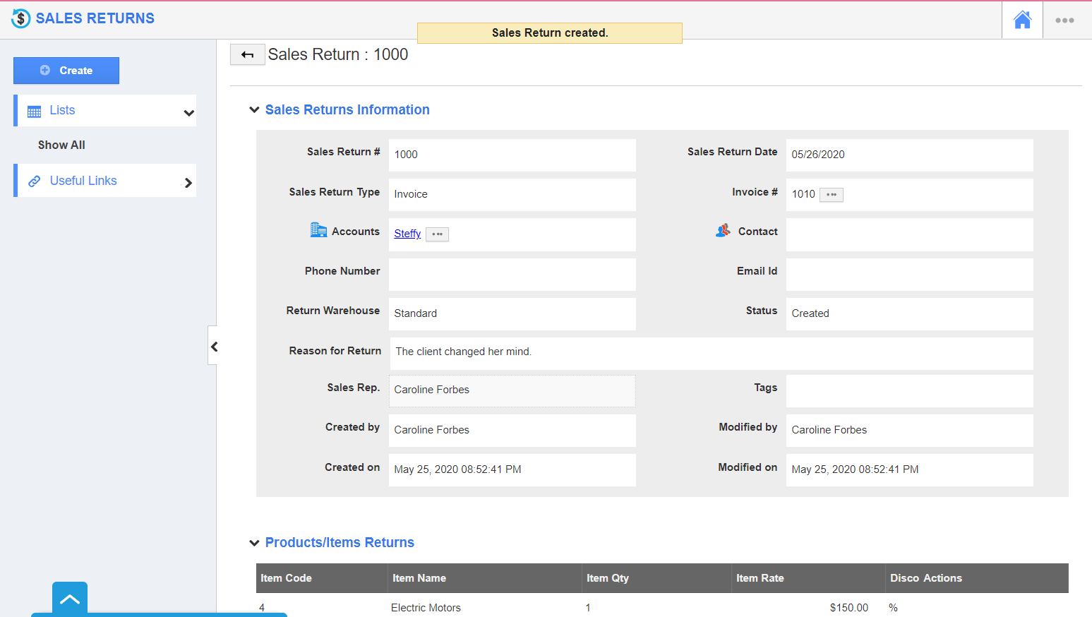 How to create a sales return for an Invoice?