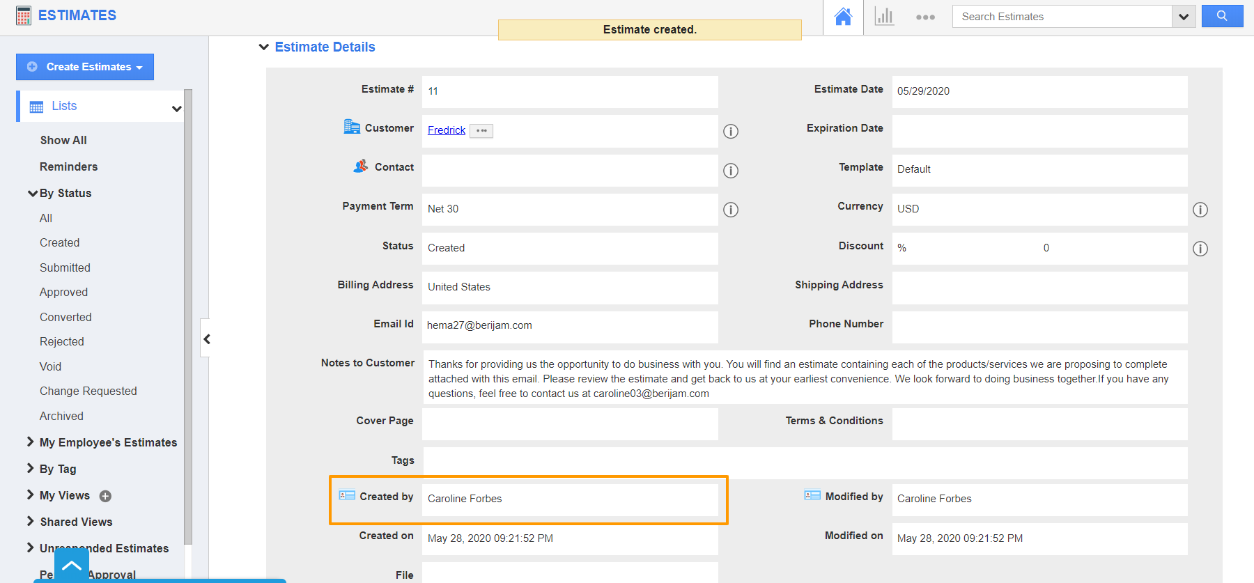 Estimate Created