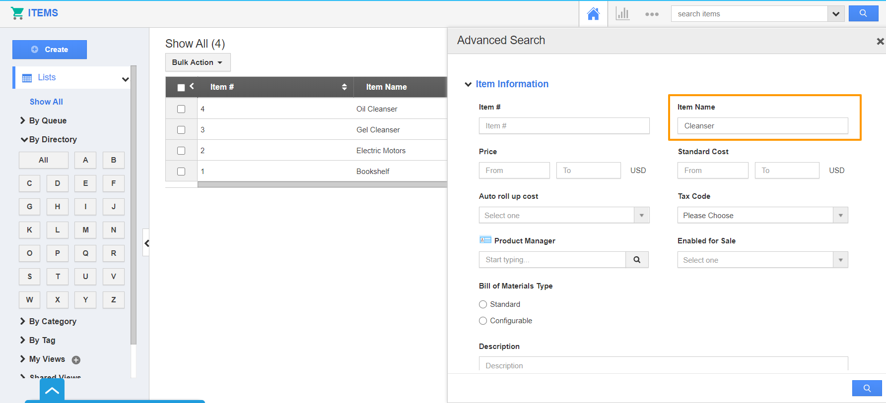 Advanced Search Side Panel