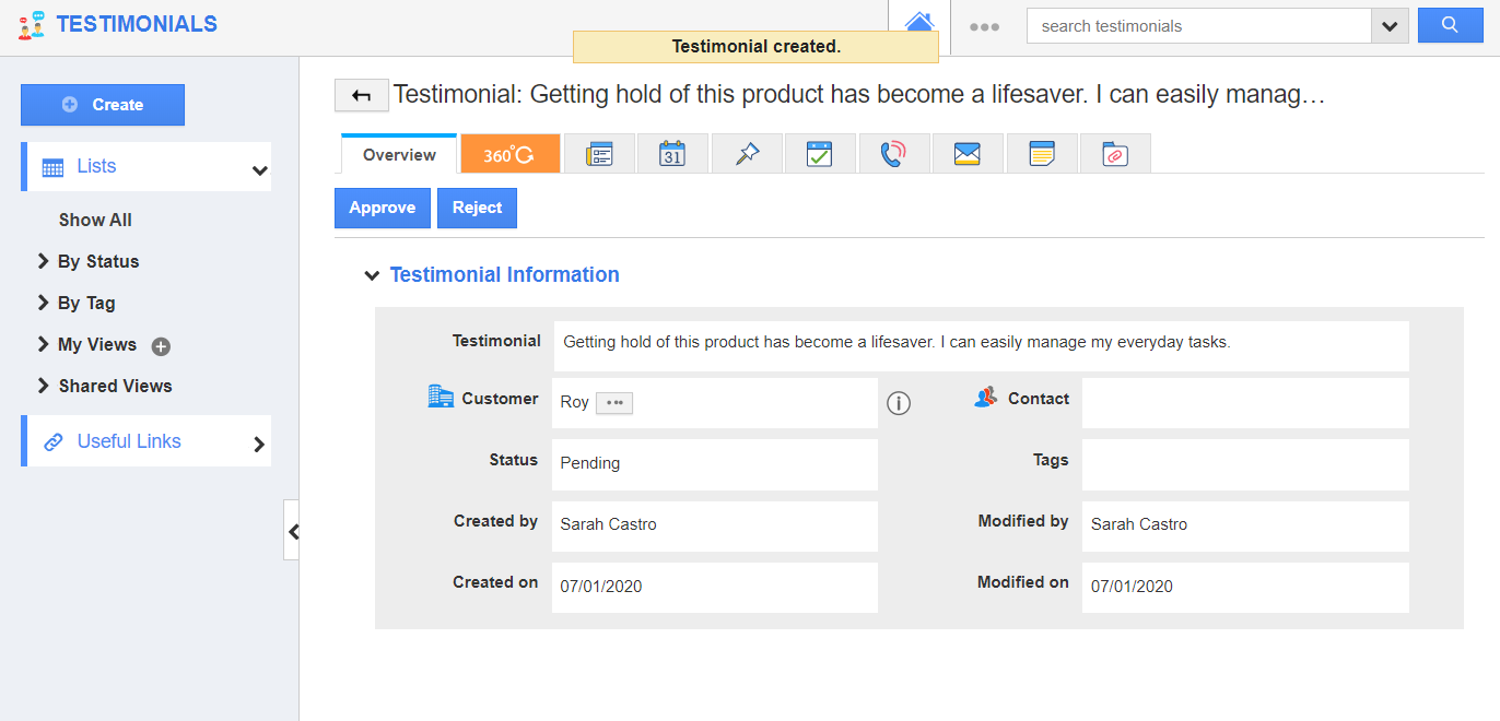 Testimonial Created
