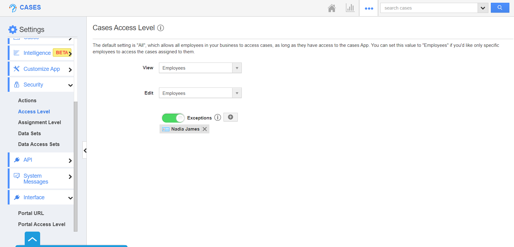 How does Add to Exception work in the Access Level of the Cases App?