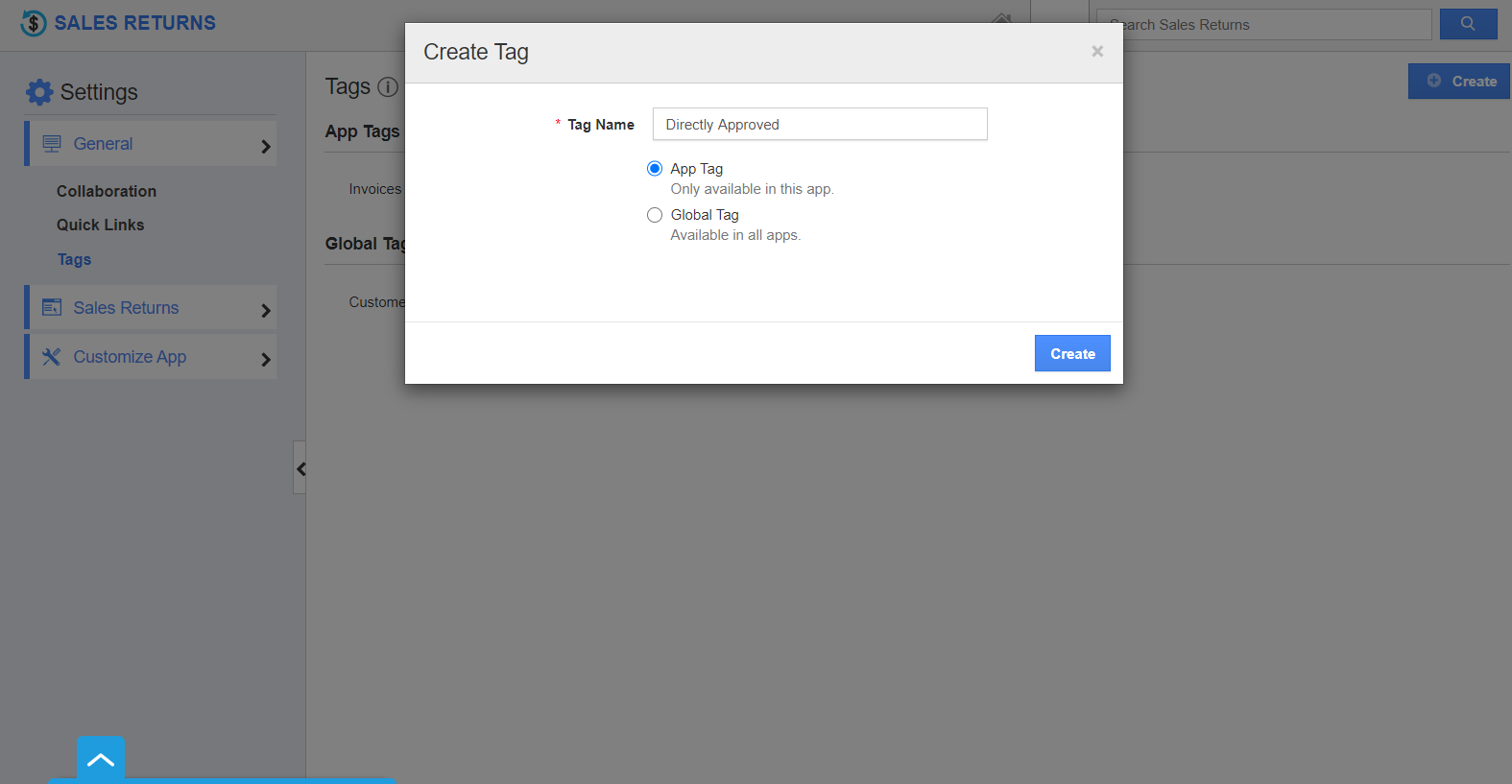 How do I create tags in the Sales Returns App?