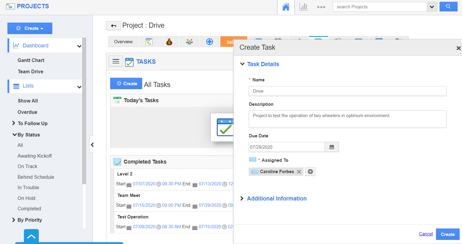 How do I create a task in a Project with Project Information?
