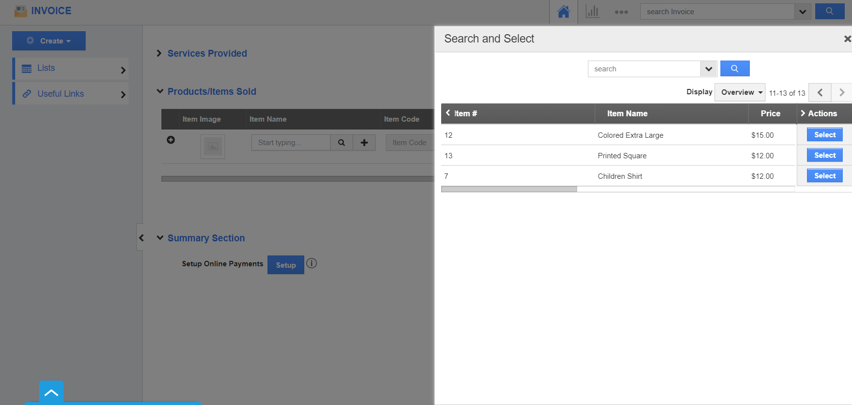 Item Search and Select