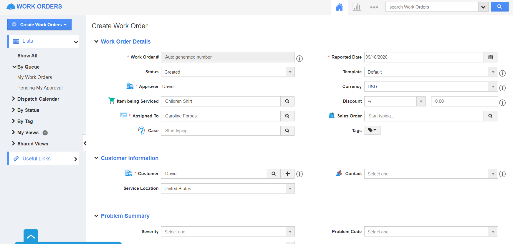 Create Work Order
