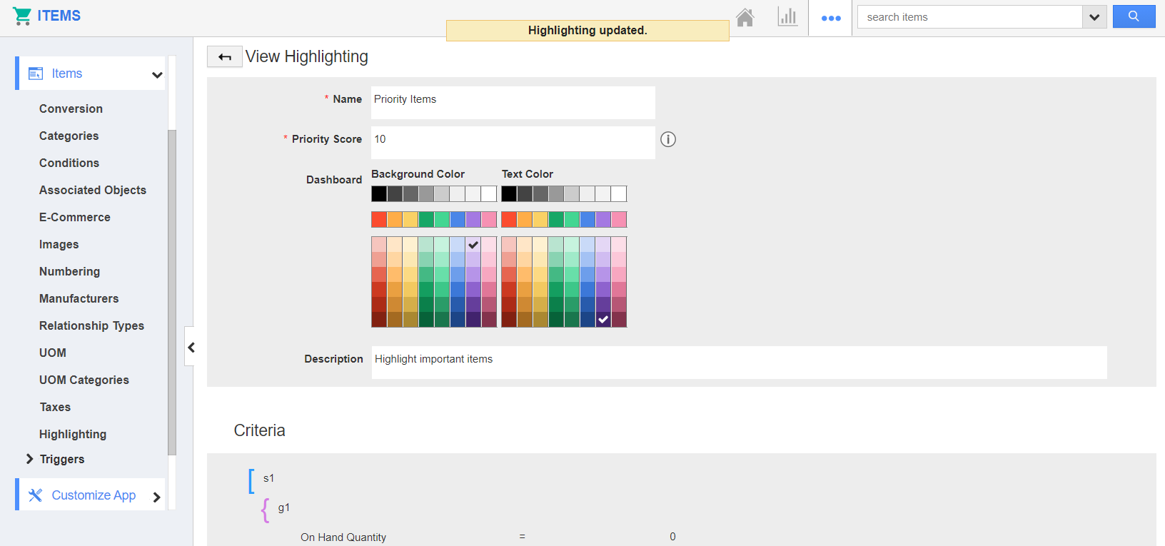 How to configure highlighting in the Items App?