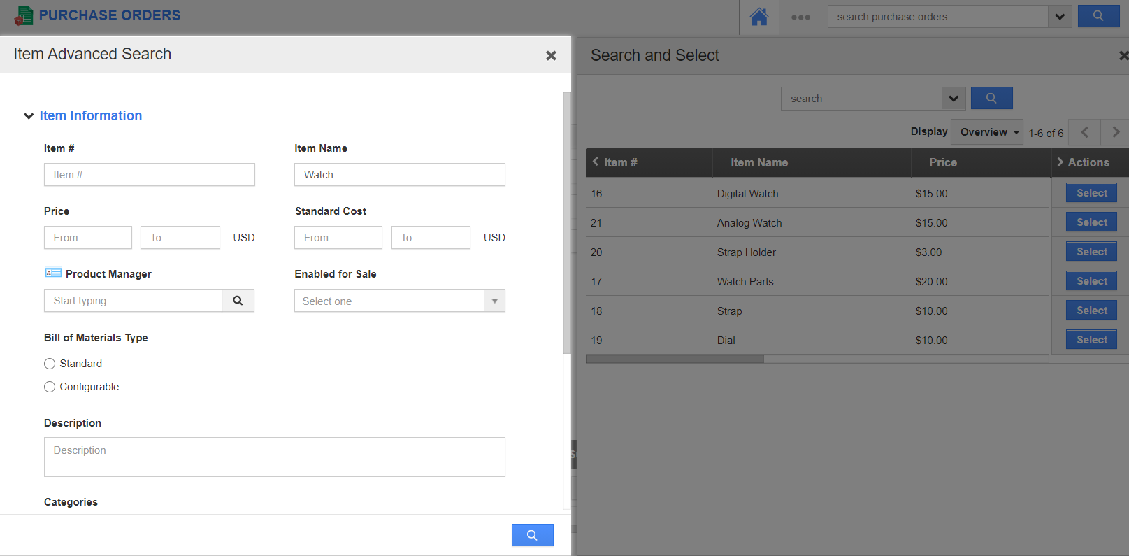 How to search an item using the advanced search in the Purchase Orders App?