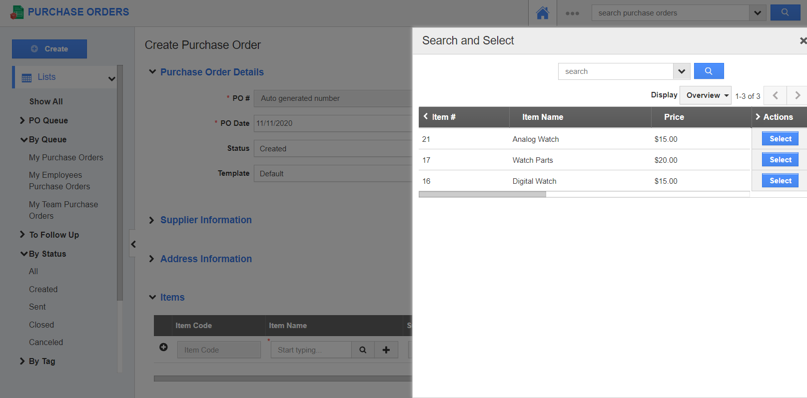 How to search an item using the advanced search in the Purchase Orders App?