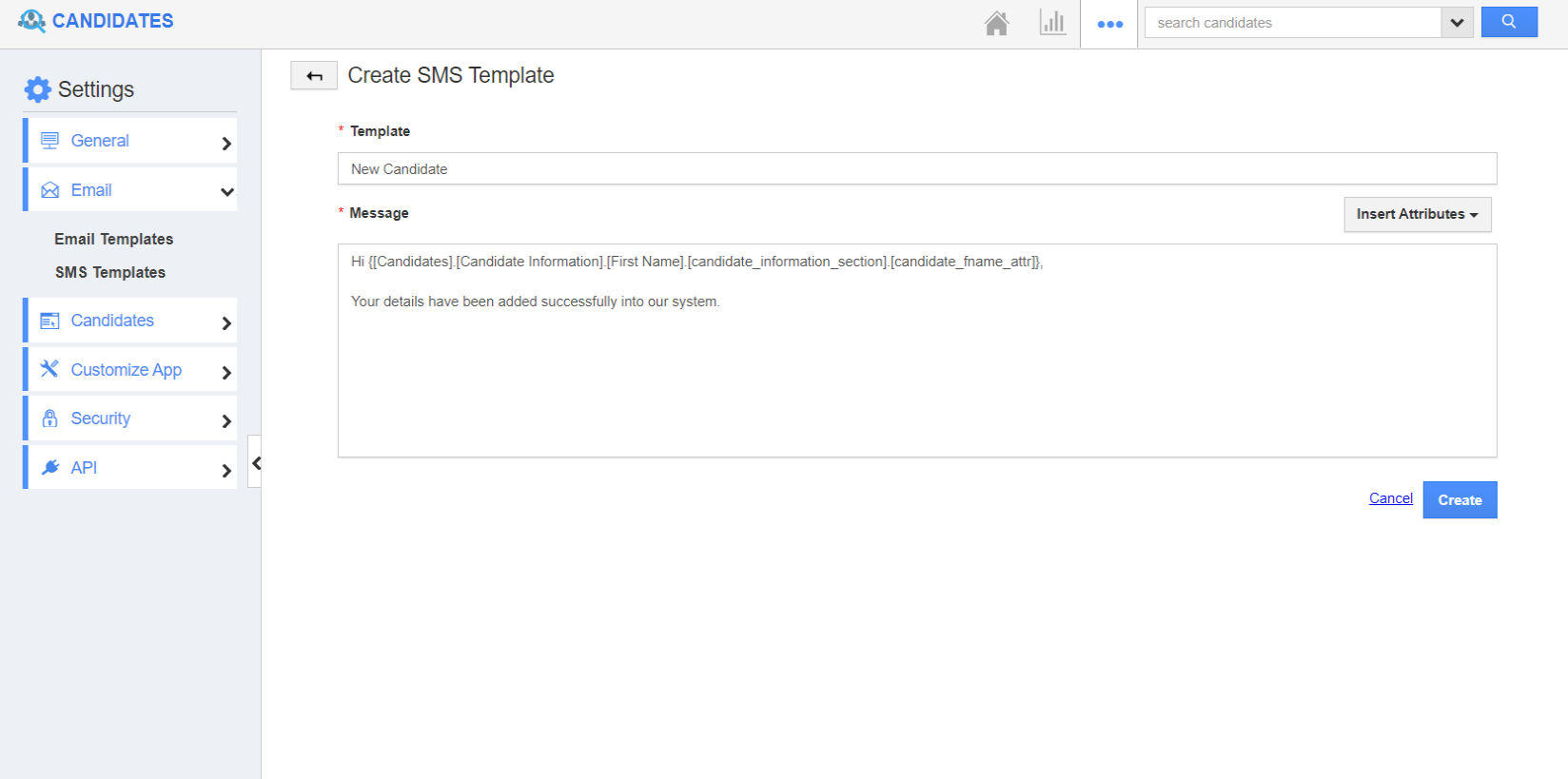 How to create SMS templates in the Candidates app?