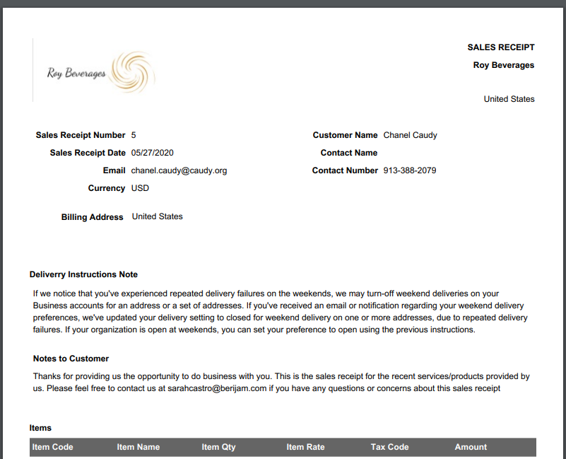 How do I add the Delivery Instruction in Sales Receipts?