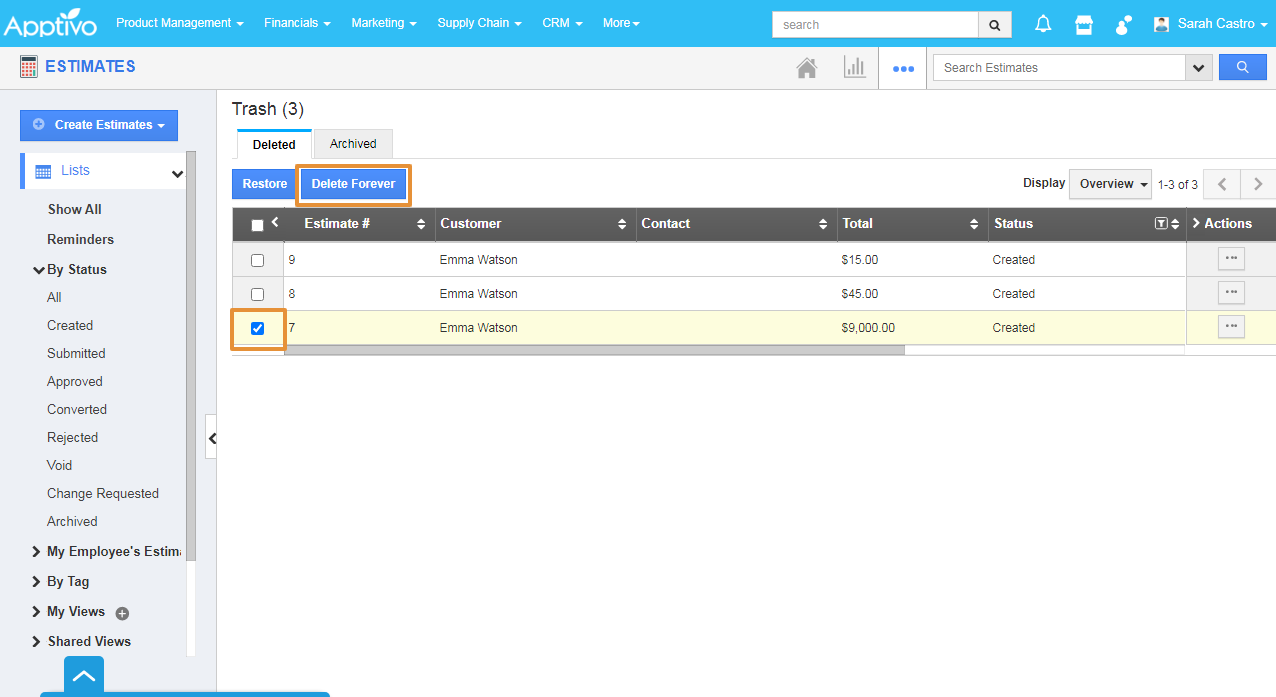 How do I Delete the Estimate Forever in Estimates App?