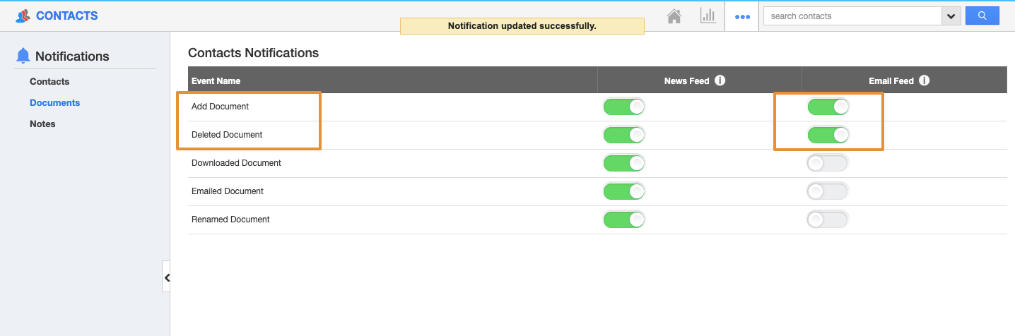 How do I get a notification when the Document is added to the Contacts?