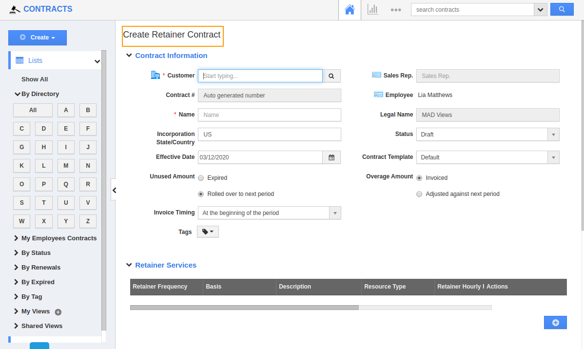 create Retainer Contract page
