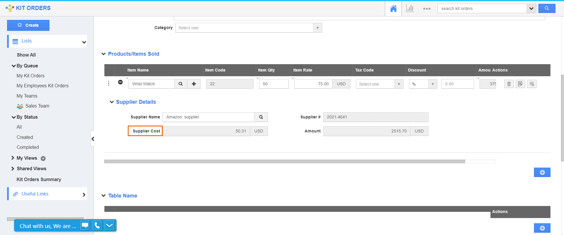 Kit Orders - Supplier Cost Disabled