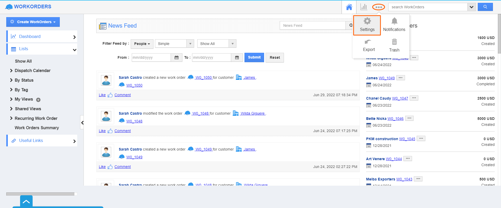 WorkOrders - Settings