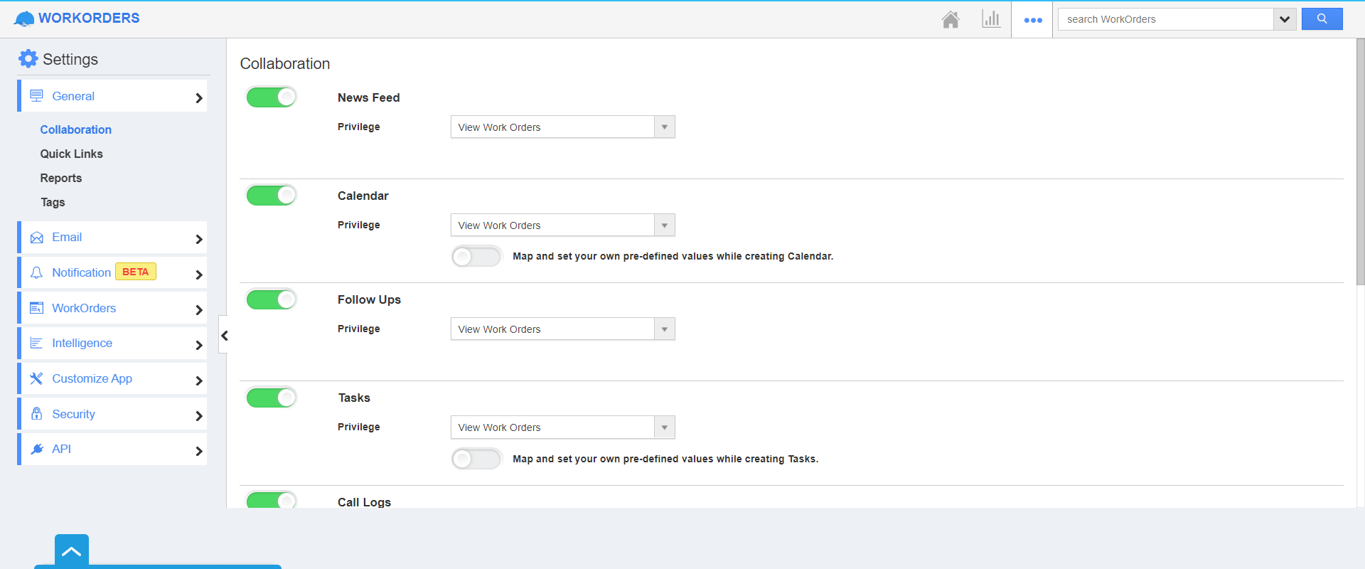 WorkOrders - Settings Page