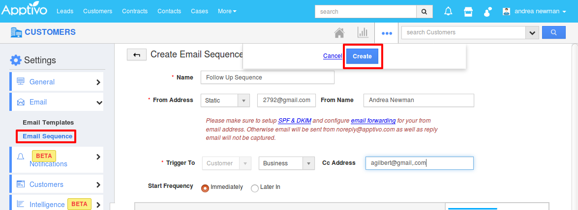 Email sequence settings