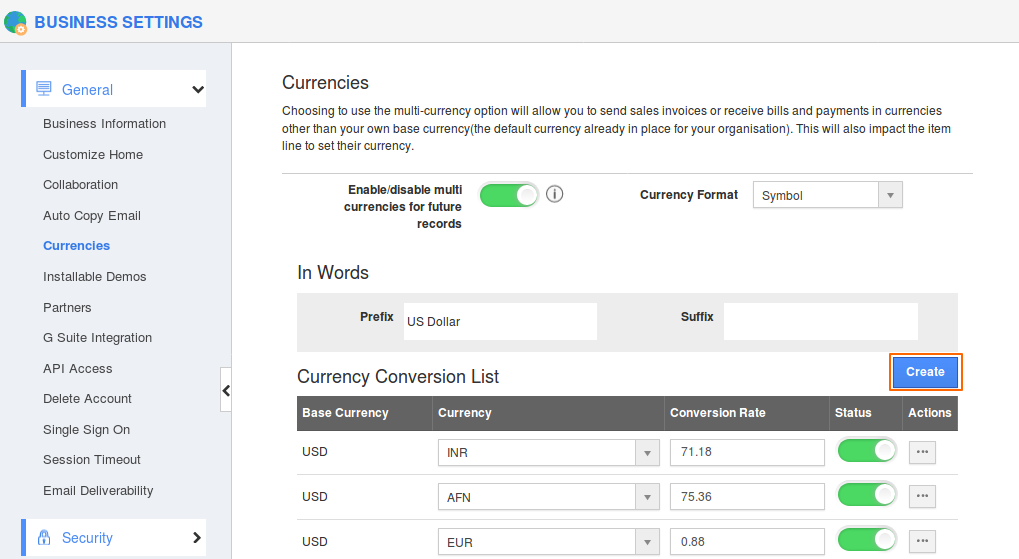 Create option in Currencies