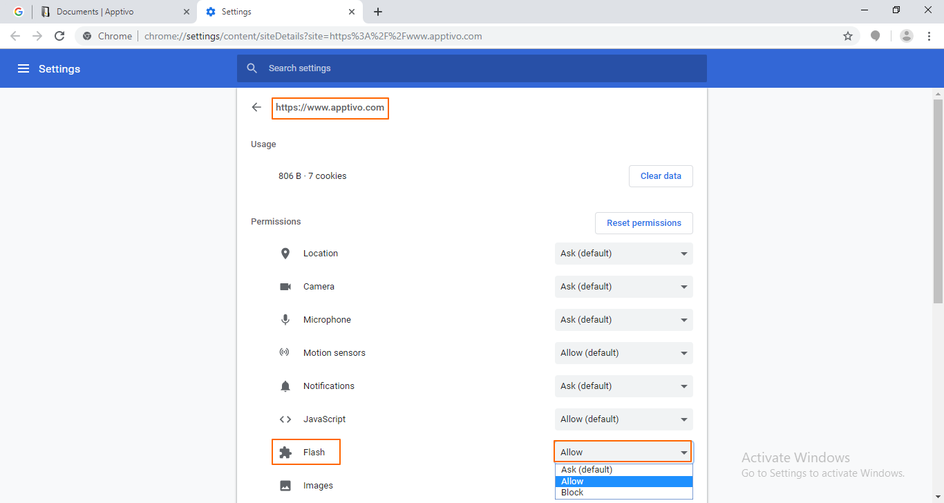 How do I enable flash player in Chrome to access Apptivo Documents App?